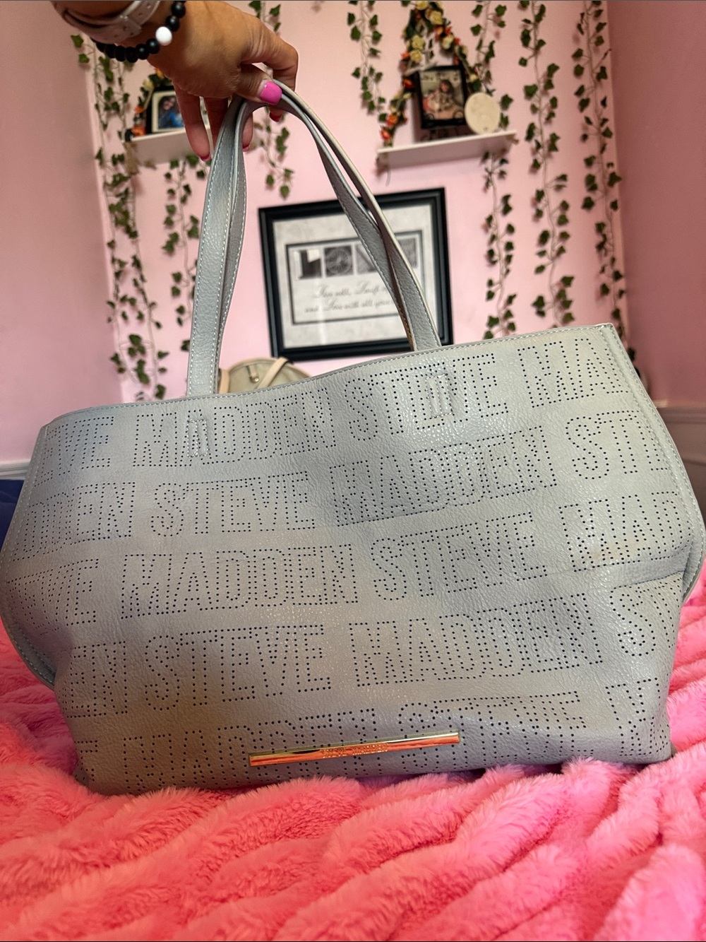 Steve Madden Light Gray Perforated Logo Tote with Dual Handles